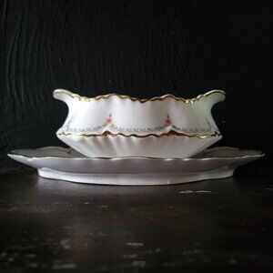 Pope Gosser Gravy Boat w/ Attached Underplate Gold Trim Pink Flower Green Swag